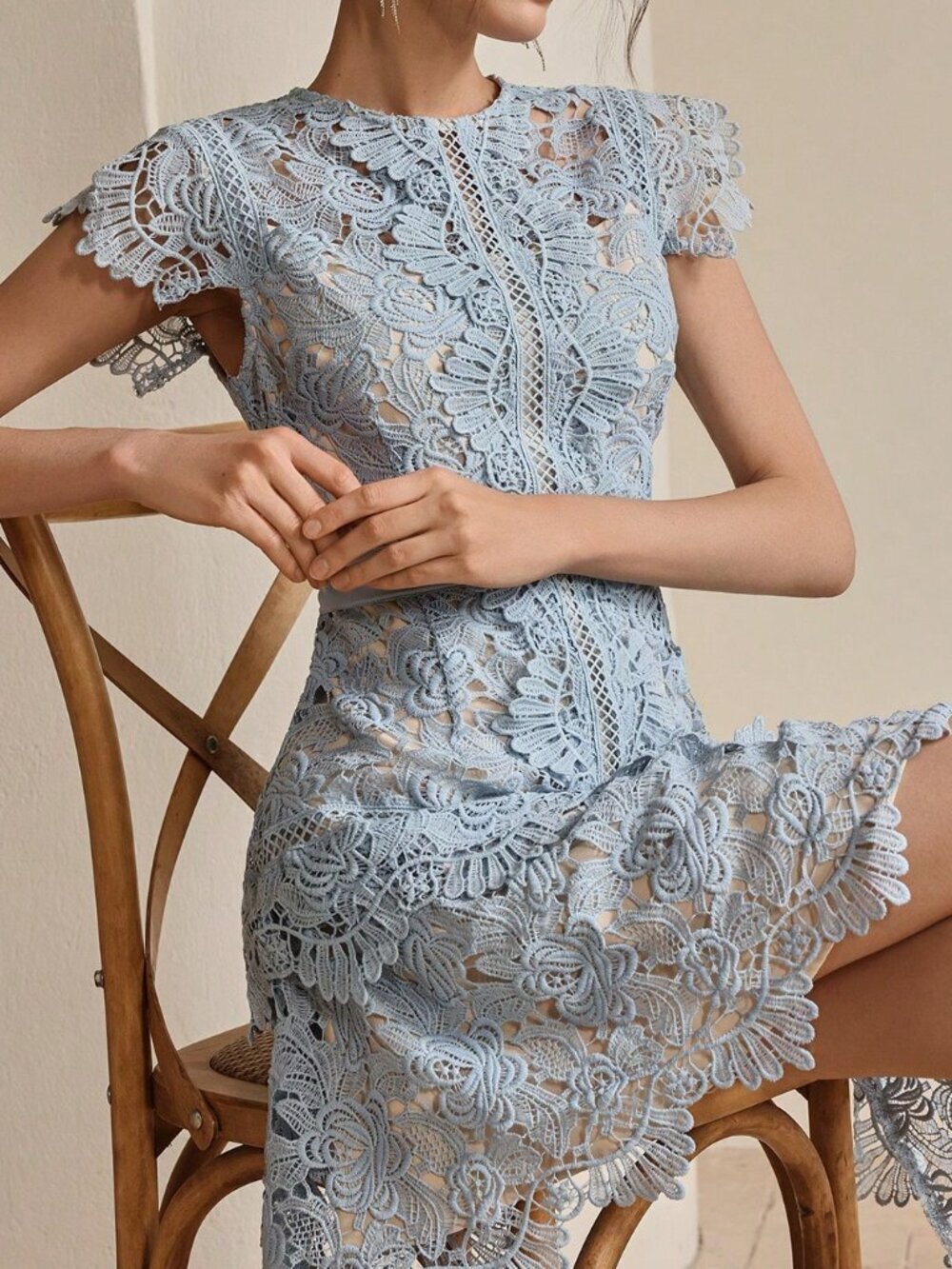 Baby Blue Elegant Women's Festival Lace Embroidery Round Neck Short Sleeve Dress